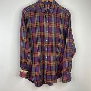 Robert Graham Flip Cuff Shirt L Long Sleeve Button Down Plaid Multicolor Rainbow
